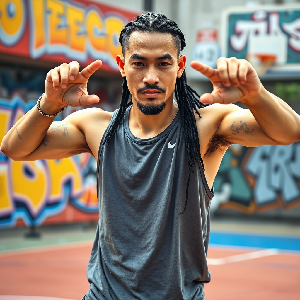 A Japanese male street basketball player in a triple threat stance, displaying confidence and readiness on the court