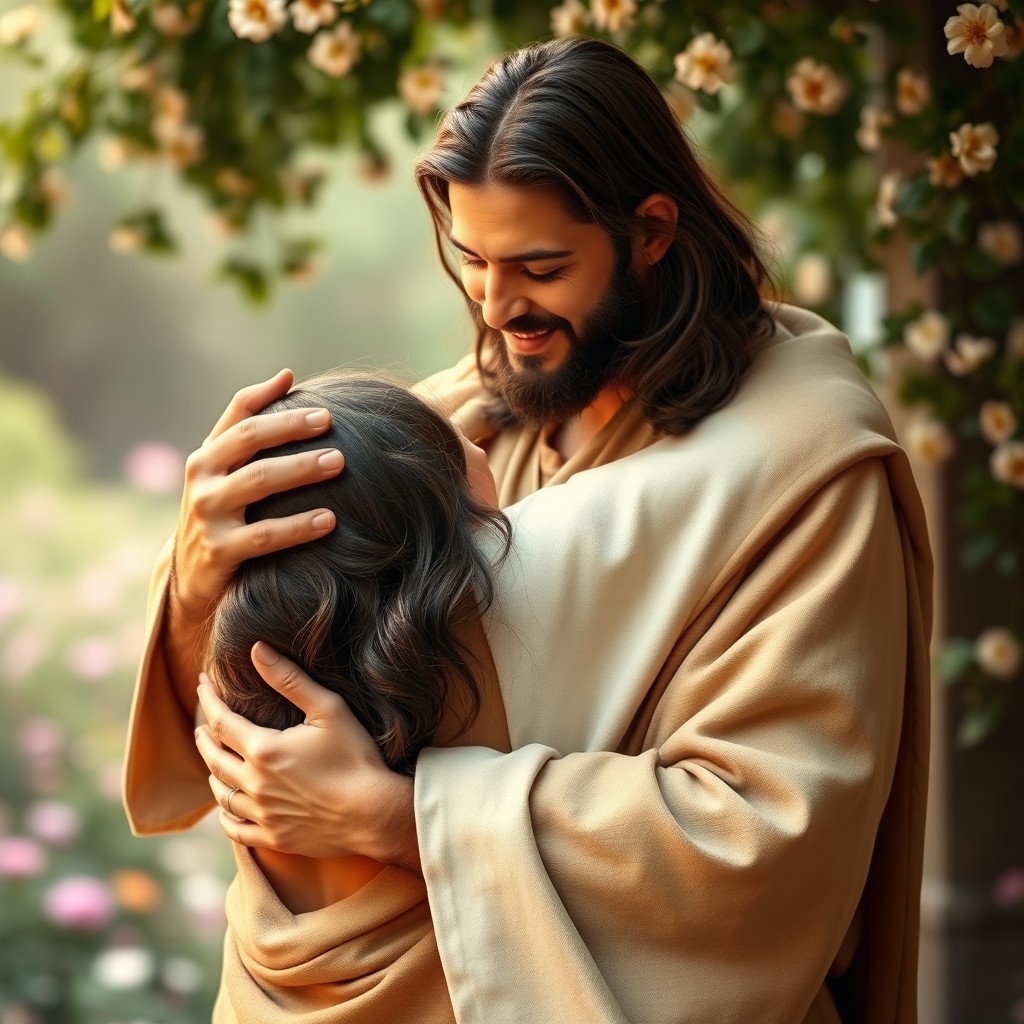 An intimate and heartwarming scene depicting Jesus warmly embracing a person, conveying feelings of love, compassion, and acceptance