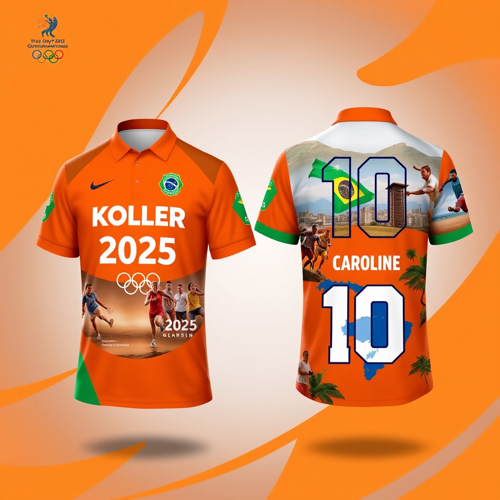 Design two matching shirts, one featuring a front view and the other a back view, both with a vibrant orange background