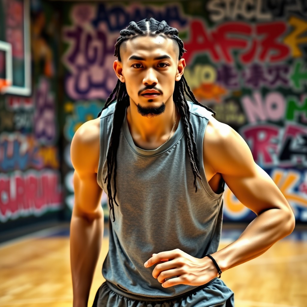 A Japanese male street basketball player in a classic triple threat stance, ready for action on the court