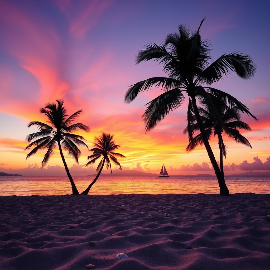 A serene landscape featuring a vibrant sunset over calm waters, with palm trees swaying gently in the breeze