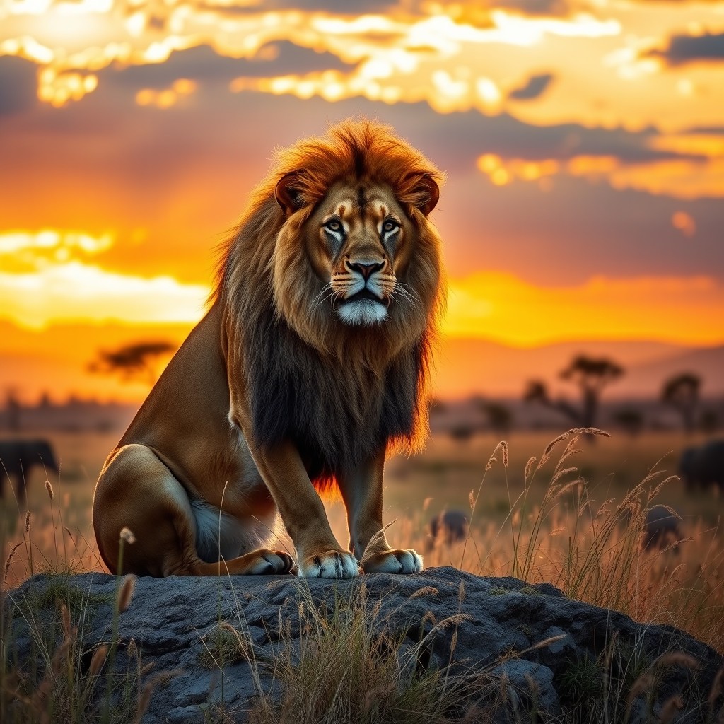 A majestic lion sitting regally on a rocky outcrop at sunset, with a dramatic gold and orange sky casting a warm glow, surrounded by wild grasses gently swaying in the breeze