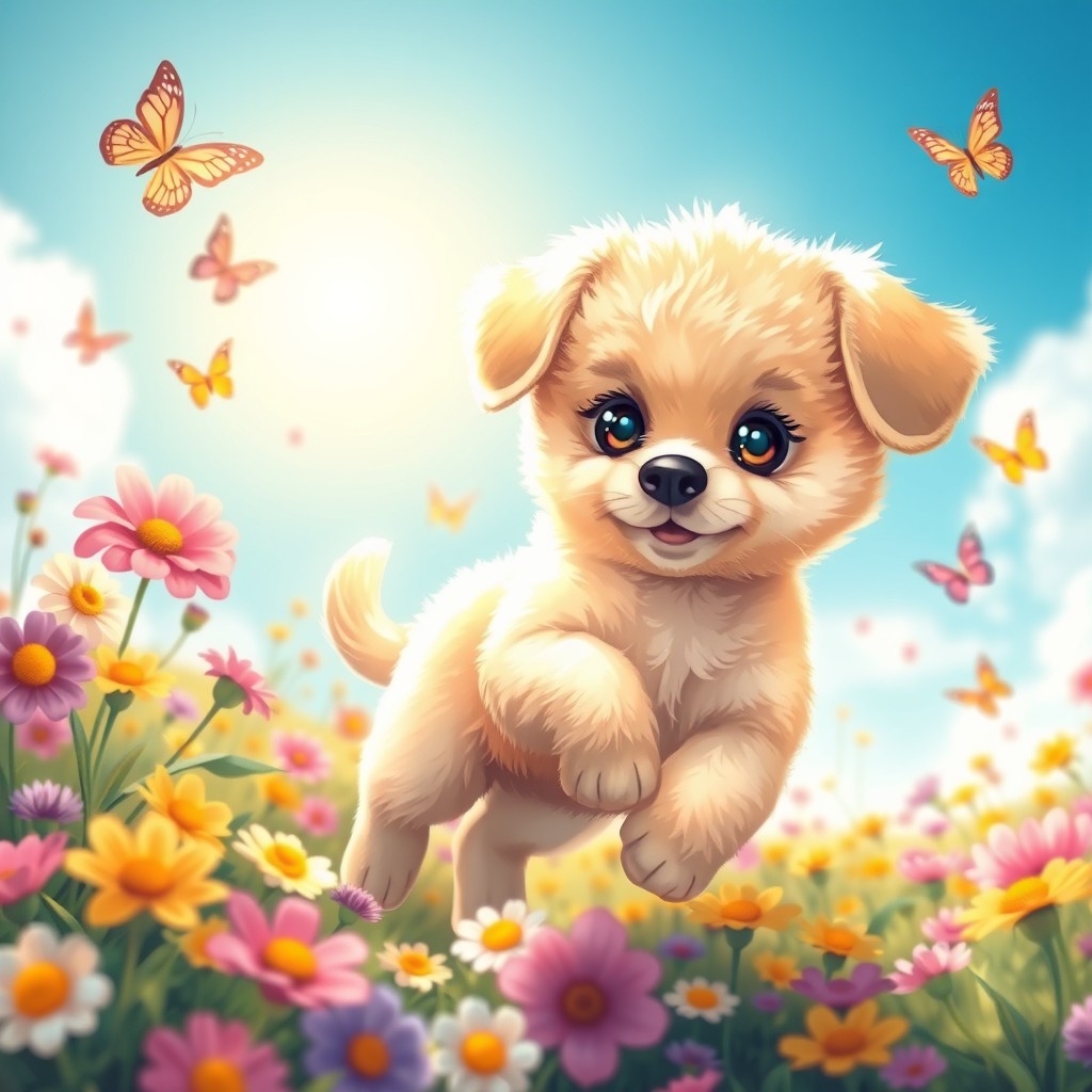 A sweet, whimsical scene of a cute, fluffy puppy playing in a field of colorful flowers under a bright blue sky, surrounded by butterflies