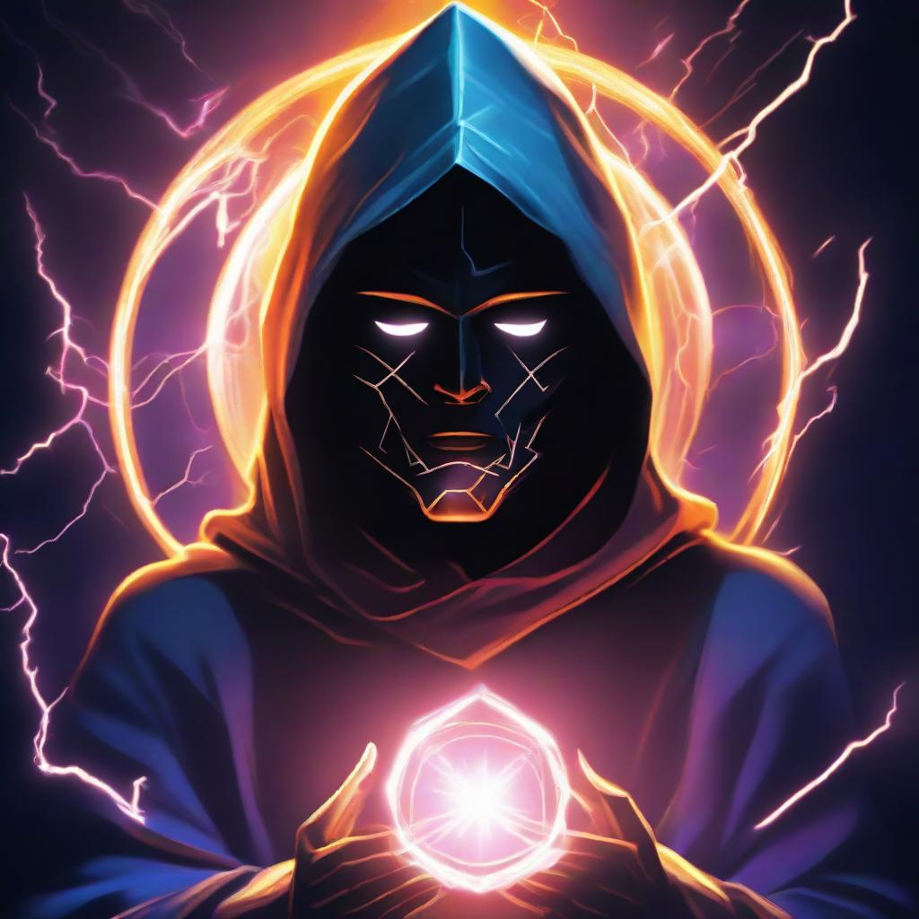 A mysterious man, his face obscured by a dark mask, dressed in a hooded knight's robe, is meditating. He is encircled by a vibrant shield of lightning energy.