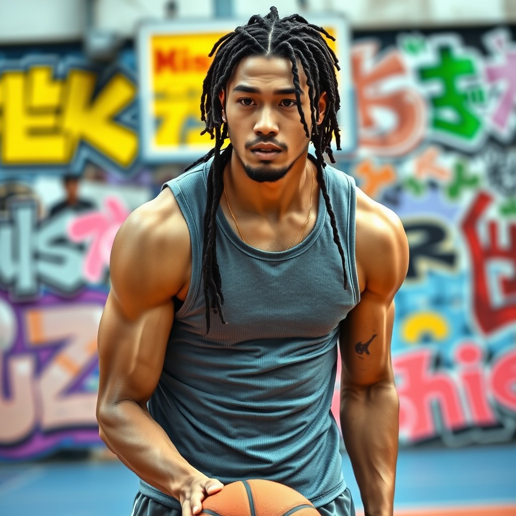 A Japanese male street basketball player in a classic triple threat stance, exuding confidence and energy on the basketball court