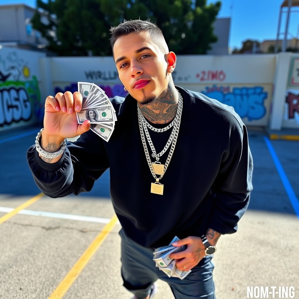 A stylish person with tattoos on their face and neck, wearing a couple of flashy diamond chains