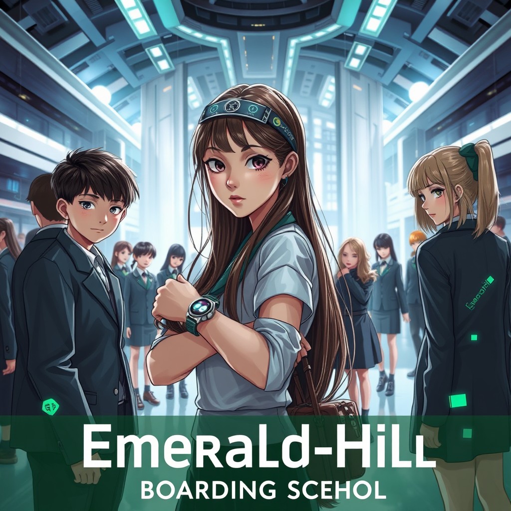 A futuristic boarding school in the background, featuring sleek architecture and advanced technology