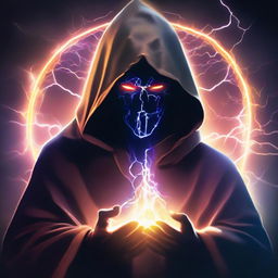 A mysterious man, his face obscured by a dark mask, dressed in a hooded knight's robe, is meditating. He is encircled by a vibrant shield of lightning energy.