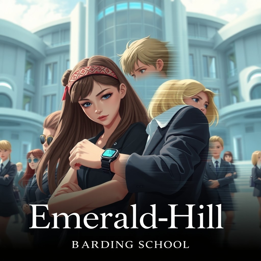 A futuristic boarding school in the background showcasing sleek architecture with advanced technology elements