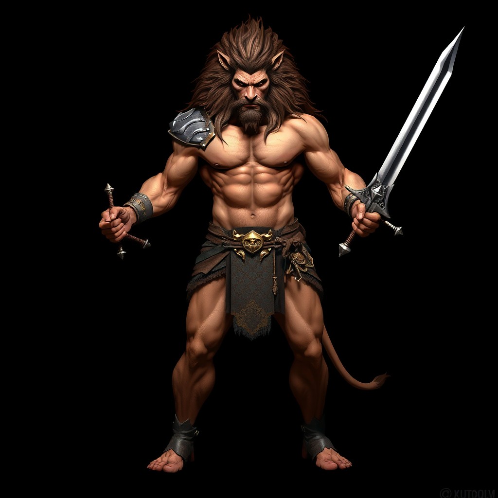 A fierce leonin barbarian stands confidently, showcasing his muscular physique and wild mane
