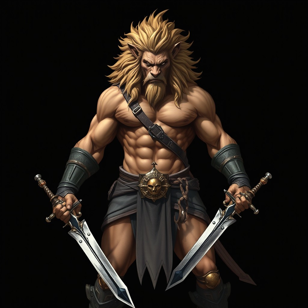 A powerful leonin barbarian stands tall and fierce, showcasing his muscular build and wild mane without any armor