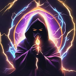 A mysterious man, his face obscured by a dark mask, dressed in a hooded knight's robe, is meditating. He is encircled by a vibrant shield of lightning energy.