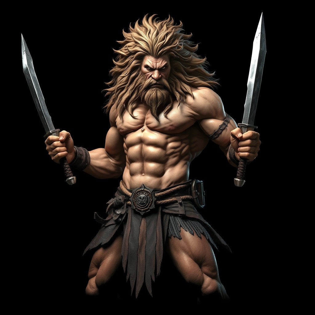An imposing leonin barbarian stands resolutely, showcasing his powerful physique and wild, flowing mane without any armor