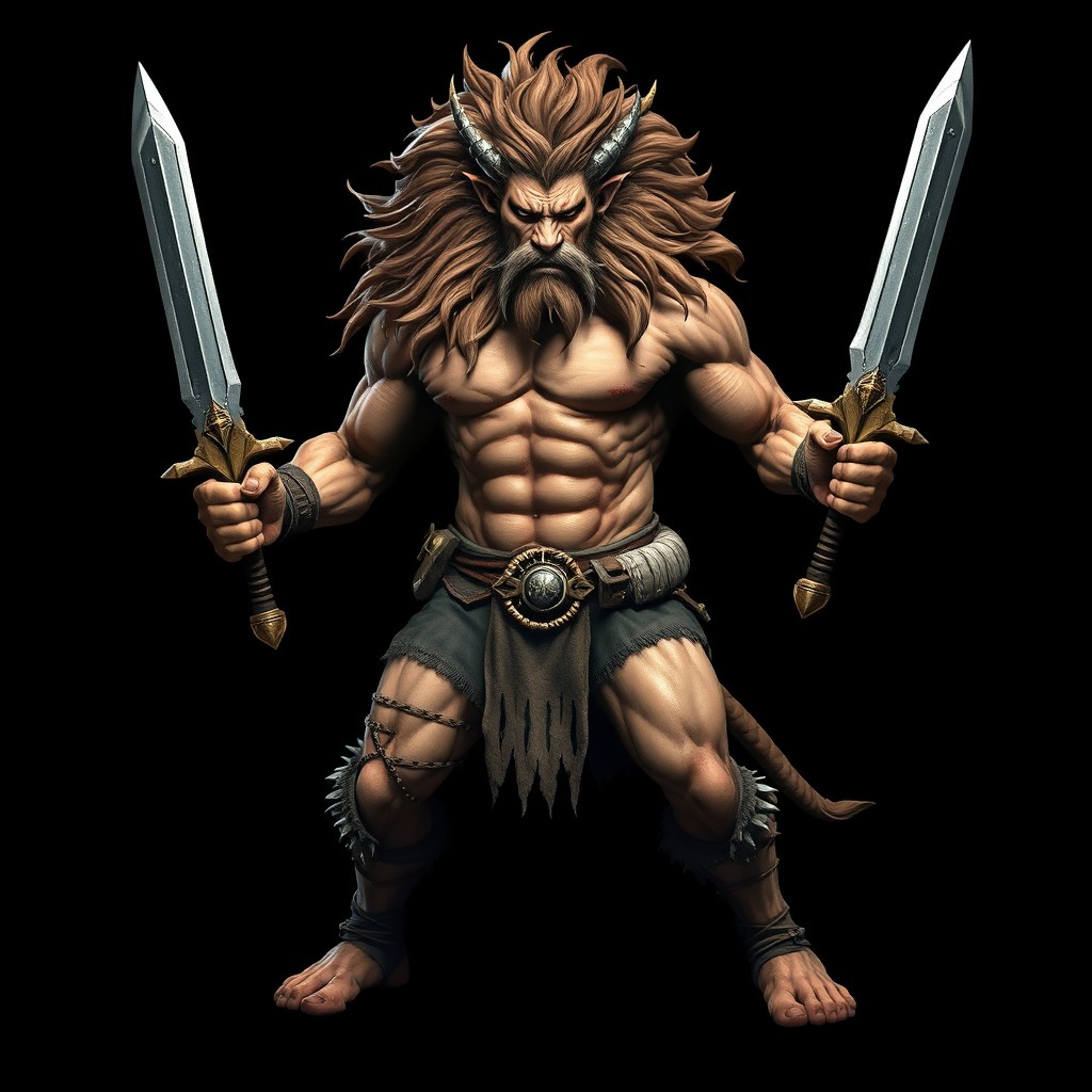 A powerful leonin barbarian stands fiercely in a confident pose, displaying his impressive muscular build and wild, flowing mane