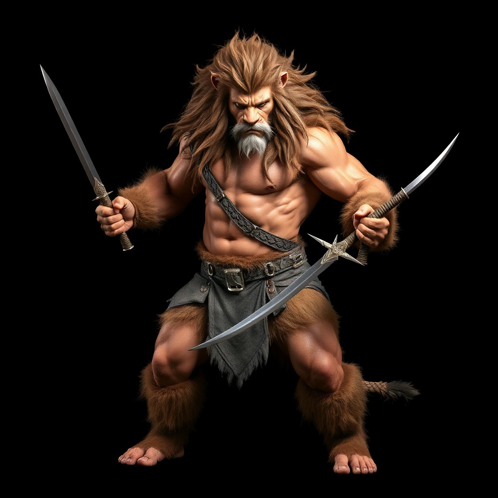 A fierce leonine barbarian stands boldly, showcasing his robust and woolly physique without any armor