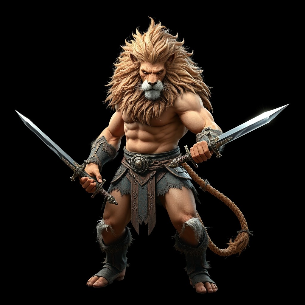 A majestic leonin barbarian stands boldly, showcasing his woolly mane and robust physique, completely unarmored to highlight his raw power