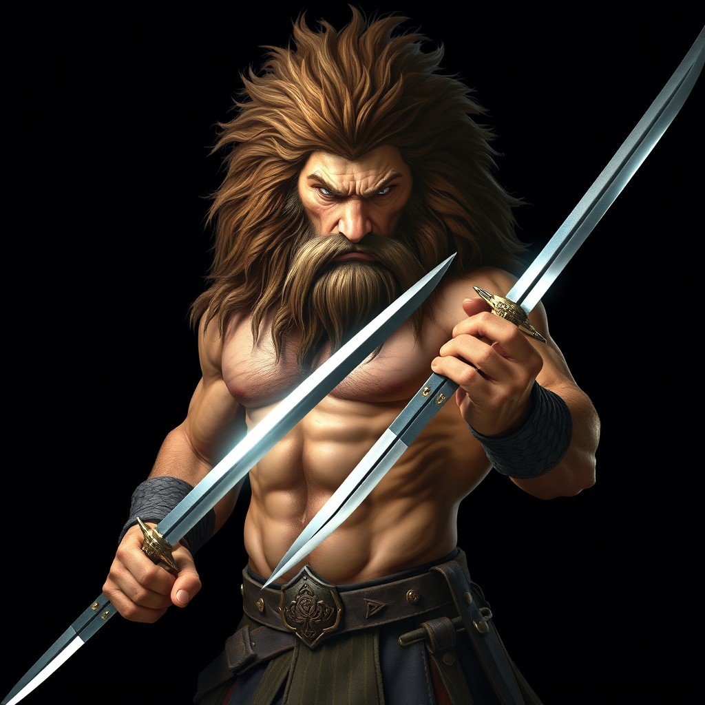 An imposing leonine barbarian stands boldly, showcasing his powerful, woolly mane and muscular physique, completely devoid of armor to highlight his fierce natural strength