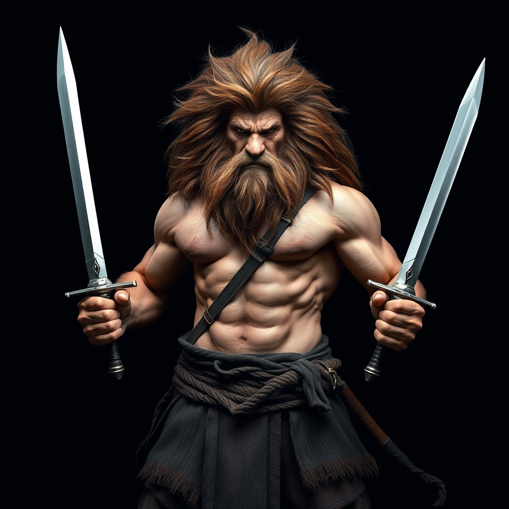 A powerful leonine barbarian stands confidently, his woolly mane cascading around his strong shoulders, completely unarmored to emphasize his muscular build