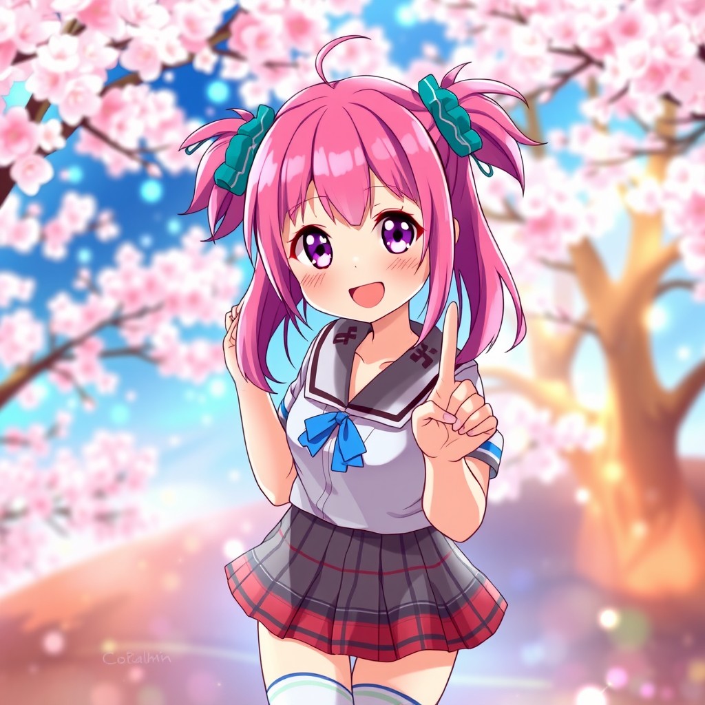 An anime girl with vibrant pink hair styled in twin tails, wearing a cute, colorful school uniform with a plaid skirt and knee-high socks
