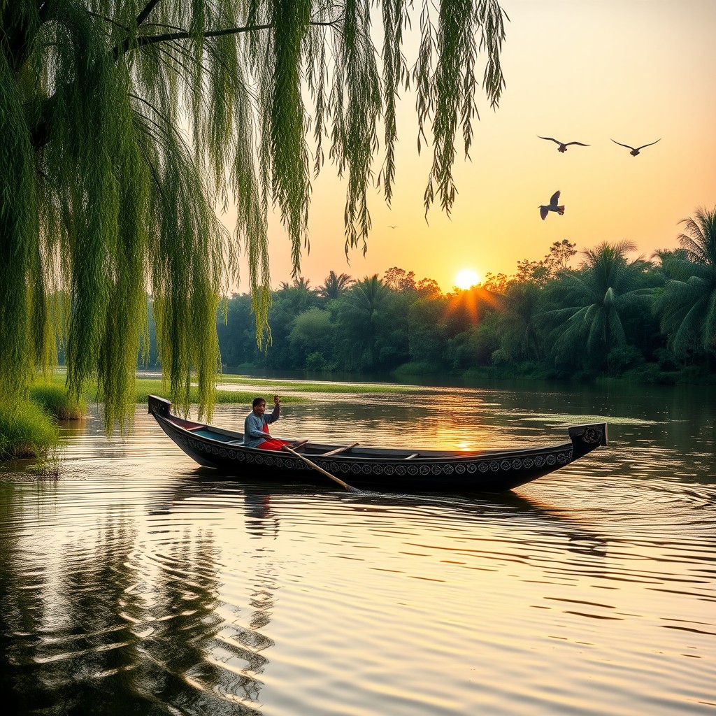A tranquil riverside scene featuring a traditional Kupa boat gently floating on the water
