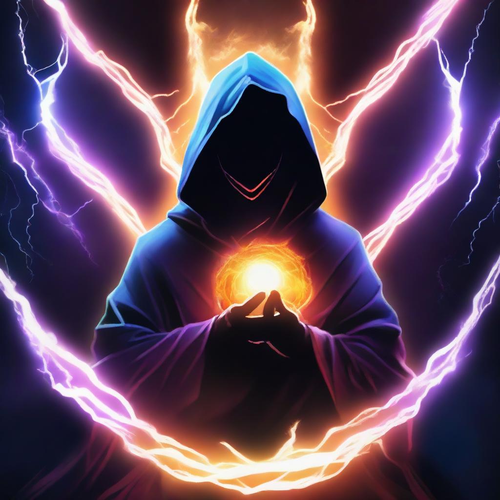 A mysterious man, his face obscured by a dark mask, dressed in a hooded knight's robe, is meditating. He is encircled by a vibrant shield of lightning energy.