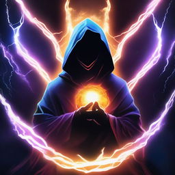 A mysterious man, his face obscured by a dark mask, dressed in a hooded knight's robe, is meditating. He is encircled by a vibrant shield of lightning energy.