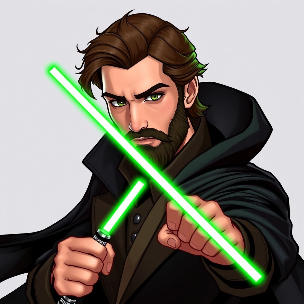 A character in his late forties with hazel hair and striking green eyes, sporting peach skin
