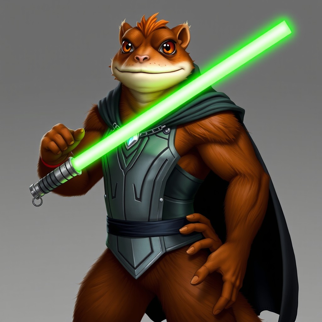 A unique character with brown fur covering his body, possessing a blend of 30% frog traits and 70% human features