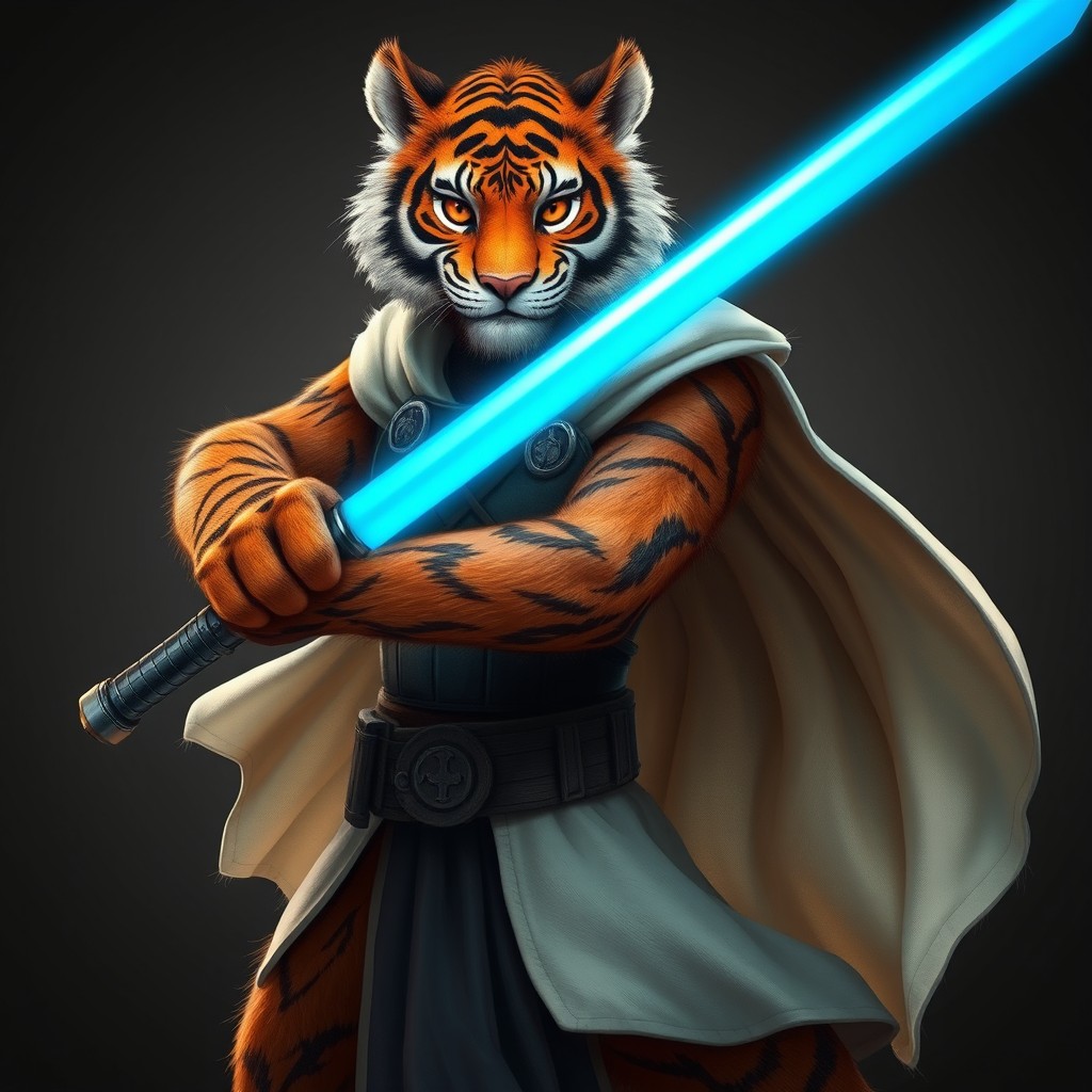 A striking character featuring brown fur covering his body, exhibiting a unique blend of 30% tiger traits and 70% human features