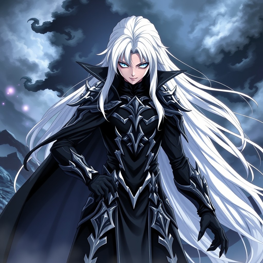 An evil-looking anime character with a striking white appearance, featuring long flowing white hair, piercing icy blue eyes, and a menacing smile