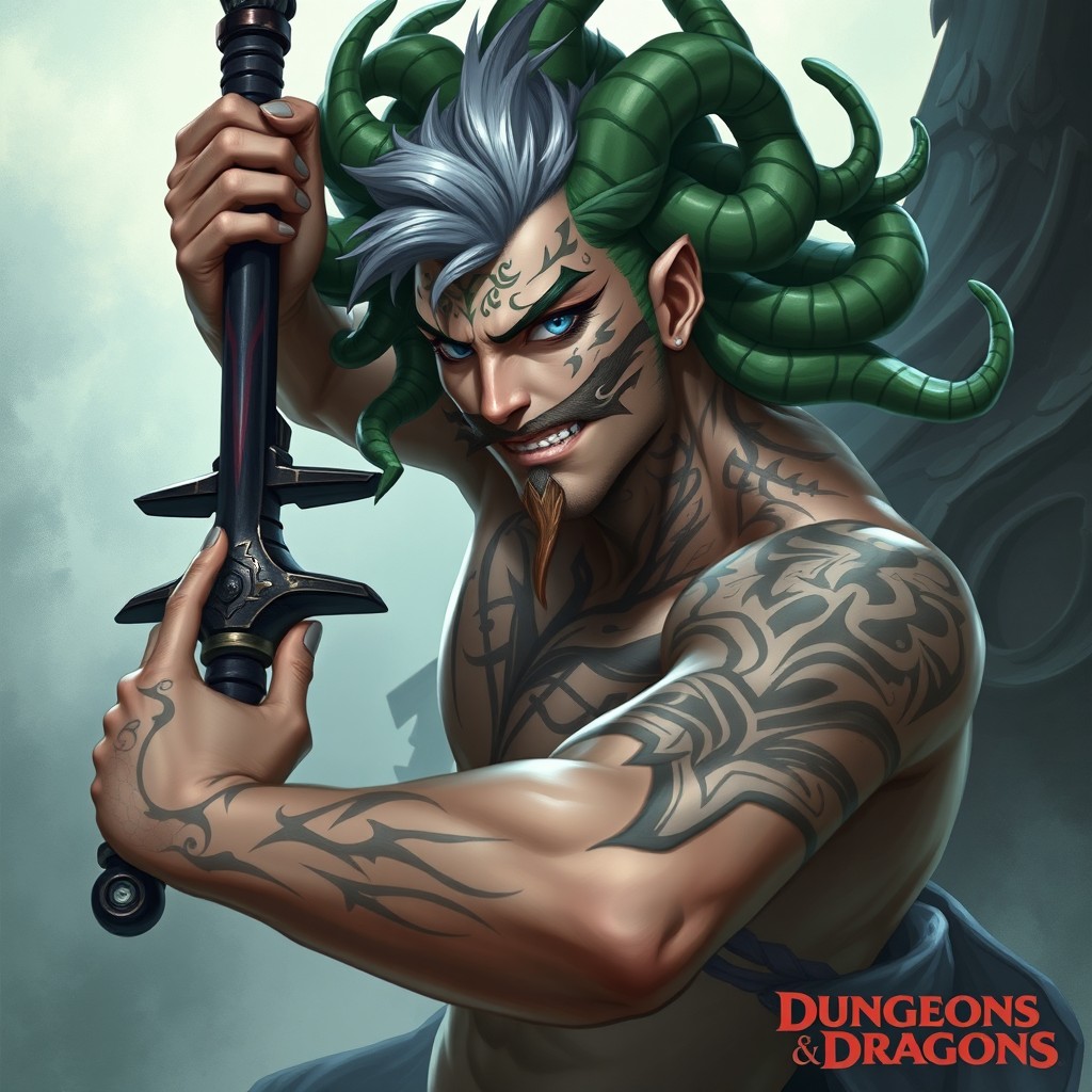 An iconic character design for a Dungeons and Dragons game featuring a male Medusa as a Magus Sword Dancer