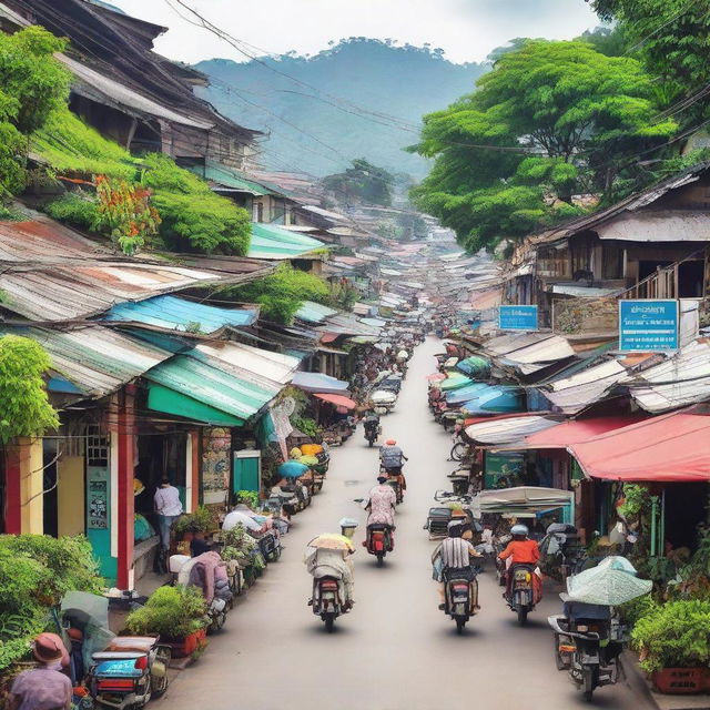 A bustling view of Kudus, a city in Indonesia, capturing its unique architecture, vibrant street life and lush greenery.