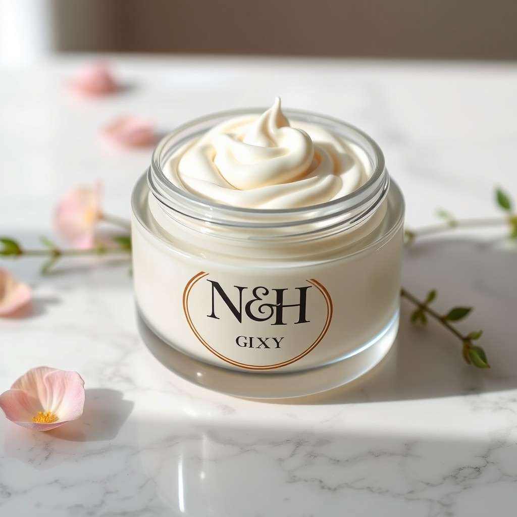 A luxurious round glass jar of body cream featuring elegant initials 'N|H' on the label, set on a clean, white marble surface