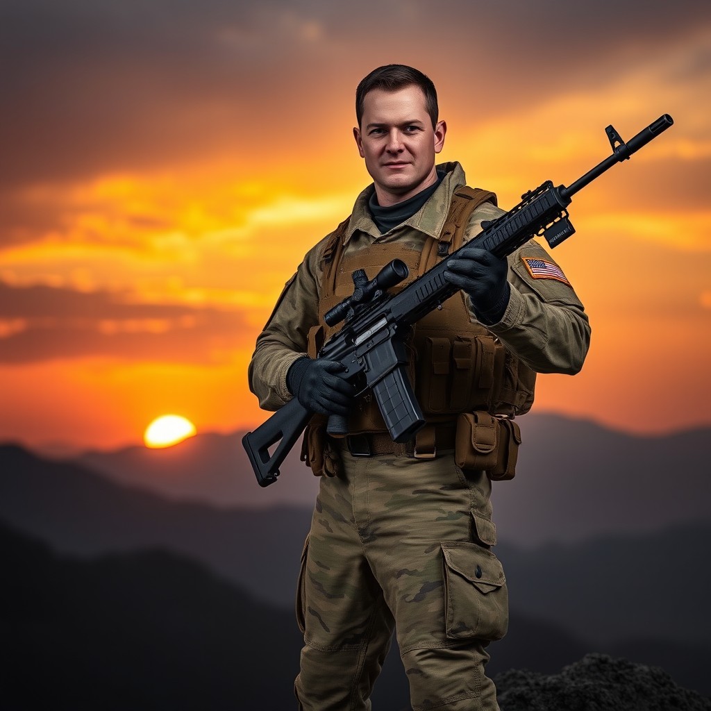 A military-themed portrait featuring a confident soldier in full tactical gear, standing in a heroic pose