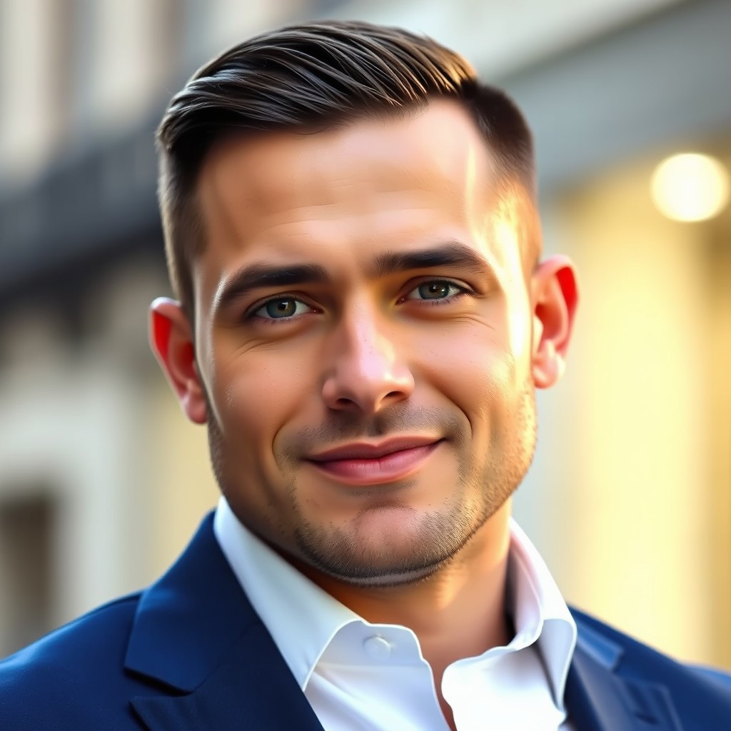 A portrait of a well-groomed man with a confident expression