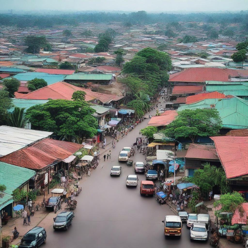 A bustling view of Kudus, a city in Indonesia, capturing its unique architecture, vibrant street life and lush greenery.