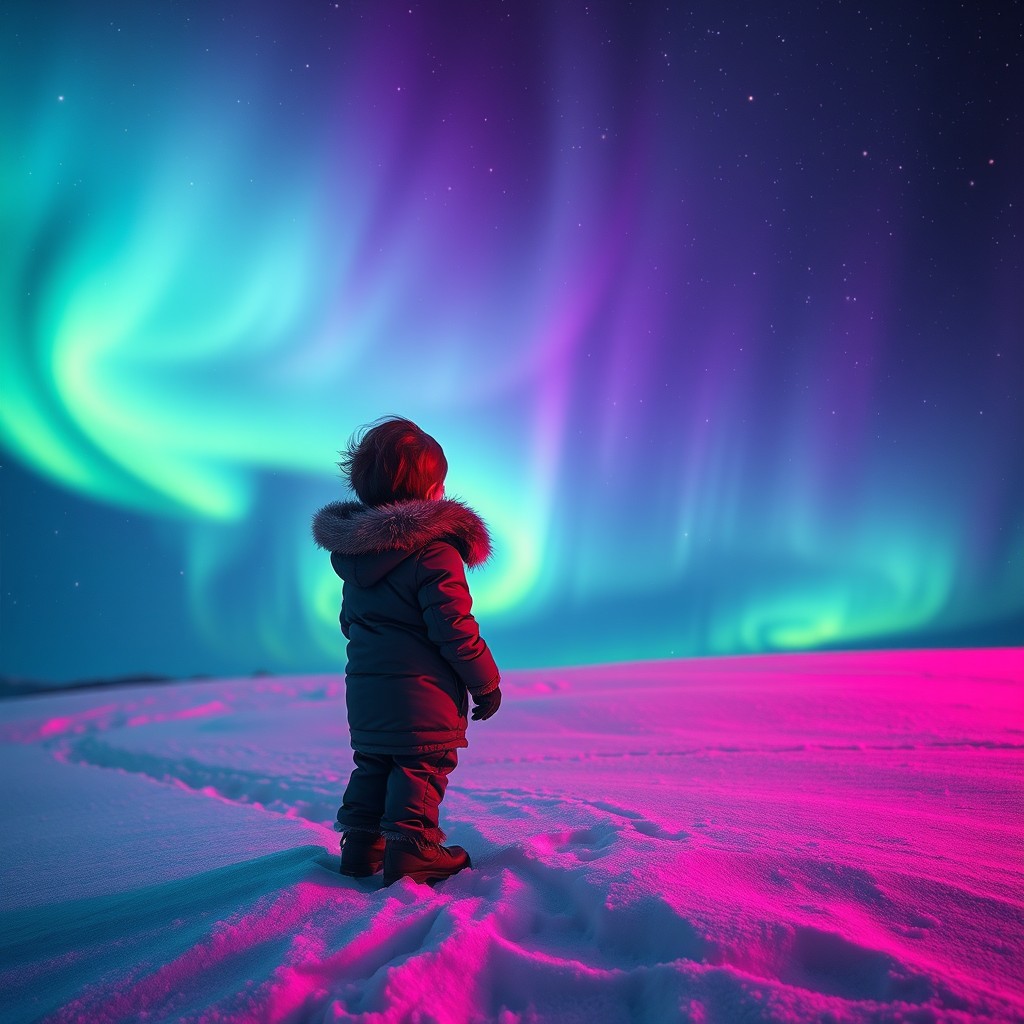 A young child standing alone on a snowy hill at night, gazing in awe at a vibrant aurora borealis dancing across the sky