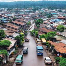 A bustling view of Kudus, a city in Indonesia, capturing its unique architecture, vibrant street life and lush greenery.