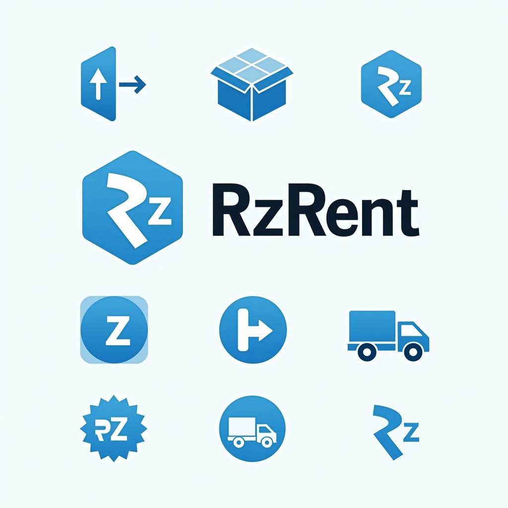 Five minimalist and iconic logo design concepts for 'Rz Rent', a utility rental company serving parcel delivery professionals