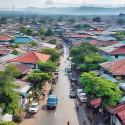 A bustling view of Kudus, a city in Indonesia, capturing its unique architecture, vibrant street life and lush greenery.