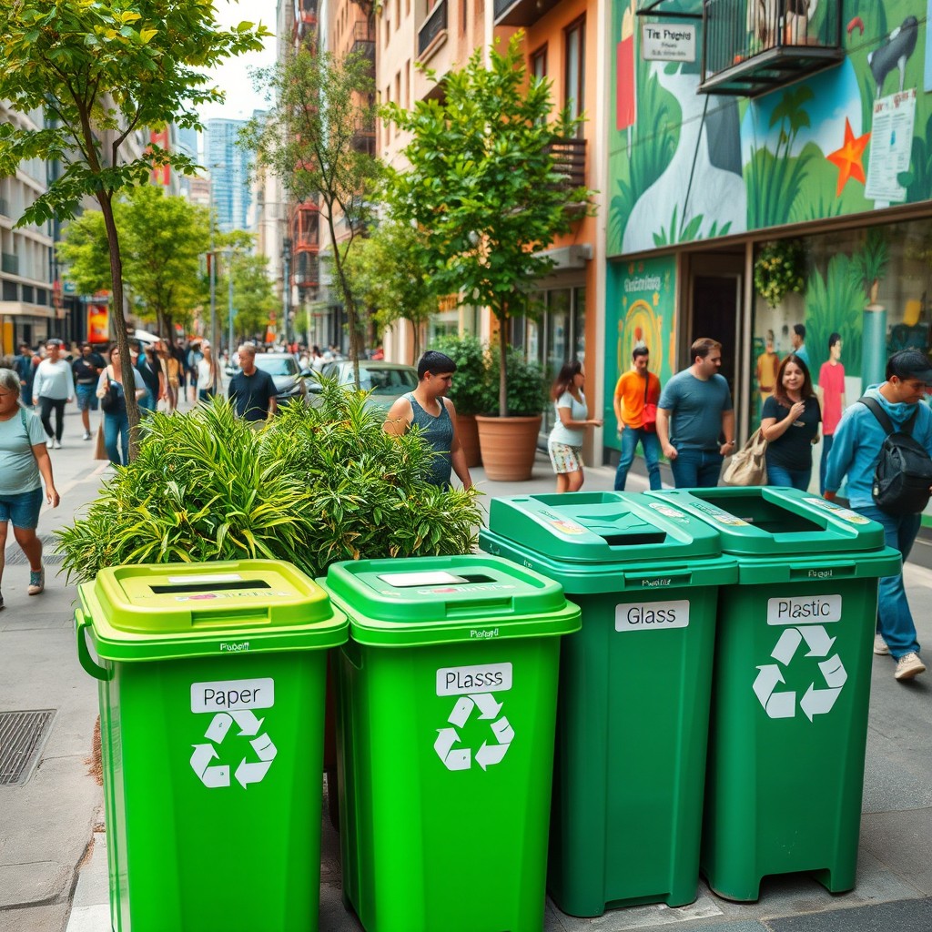 A vibrant urban scene showcasing recycling efforts, featuring colorful recycling bins with clear labels for paper, plastic, and glass
