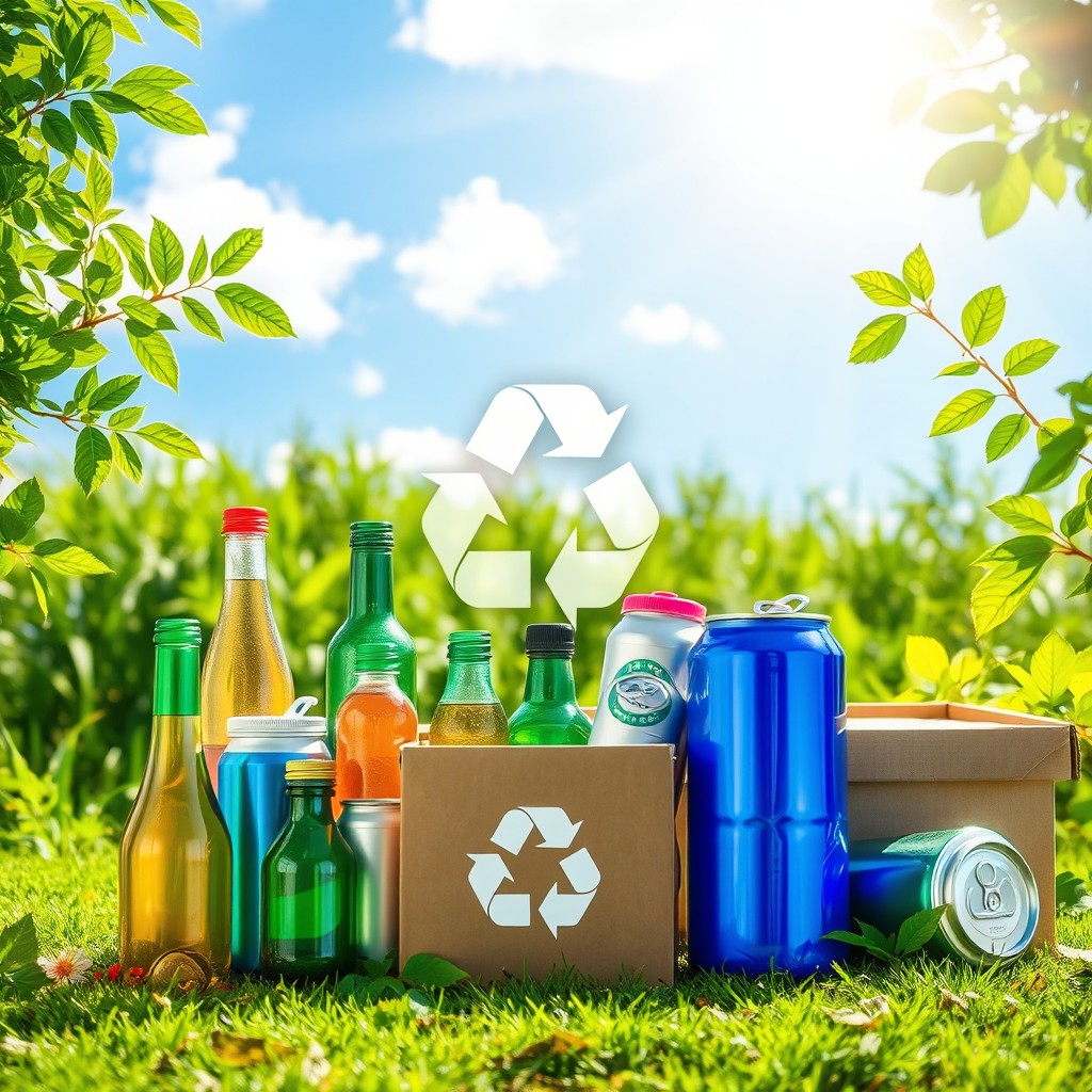 A visually striking composition representing the concept of recycling, featuring a variety of recyclable materials like glass bottles, aluminum cans, and cardboard boxes arranged in an artistic and colorful way