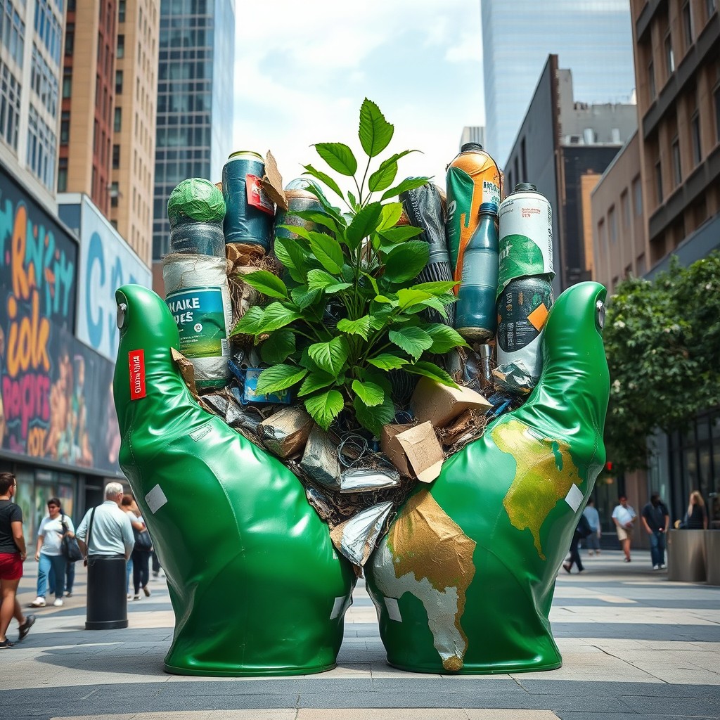 A large urban symbol promoting the culture of recycled materials, featuring two large hands made of various recycled materials, such as plastic bottles, metal scraps, and cardboard