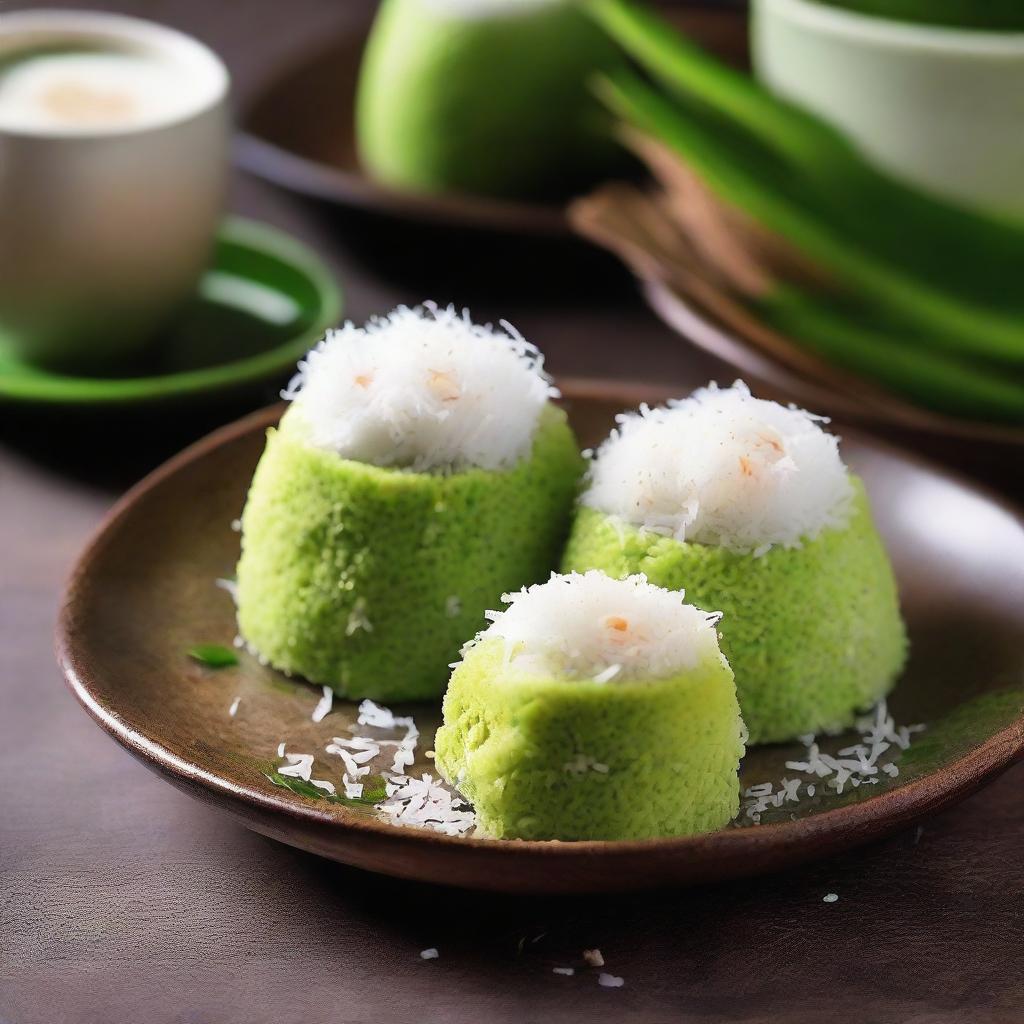 A delectable presentation of Putu Ayu, a traditional Indonesian dessert. The soft, vibrant green coconut cake is topped with grated coconut against a cultural backdrop.