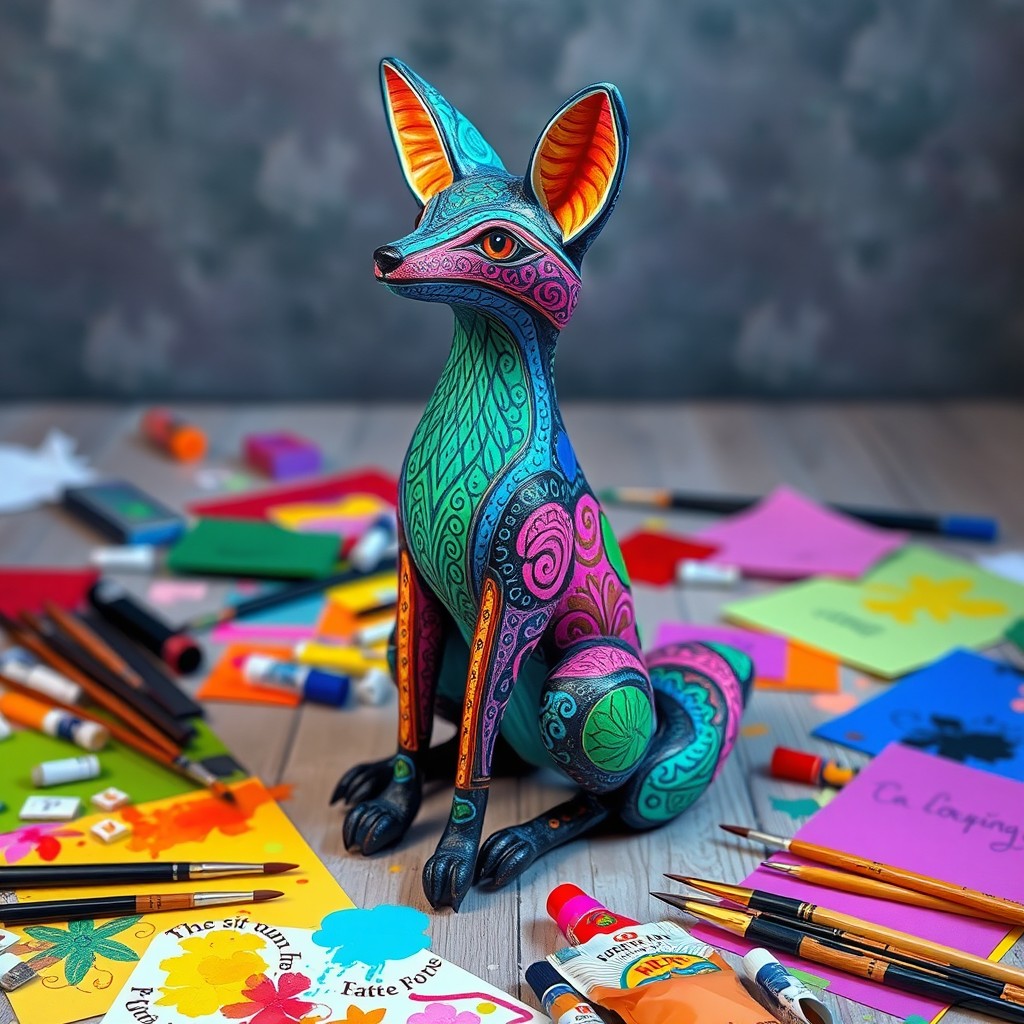 A colorful neon alebrije fox sitting upright on its hind legs, surrounded by various art materials scattered on the floor