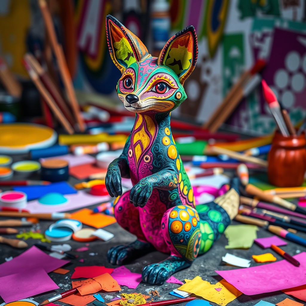 A vibrant, neon-colored alebrije fox sitting on its hind legs, showcasing intricate patterns and details