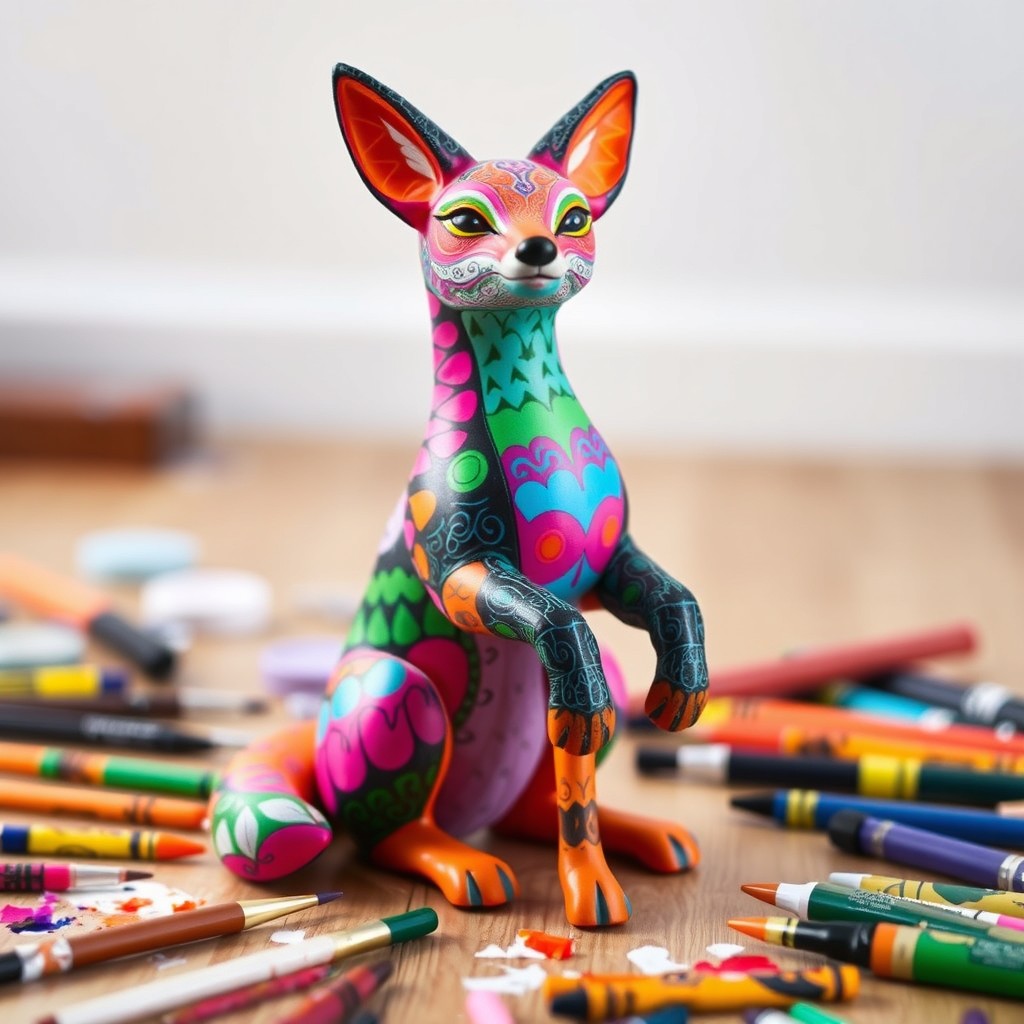 A vibrant neon-colored fox alebrije sitting on its hind legs, surrounded by various art materials scattered on the floor