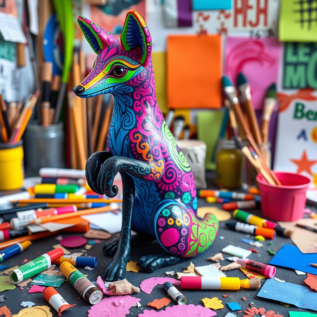 A vibrant, neon-colored alebrije fox sitting on its hind legs amidst a scattering of art materials on the ground