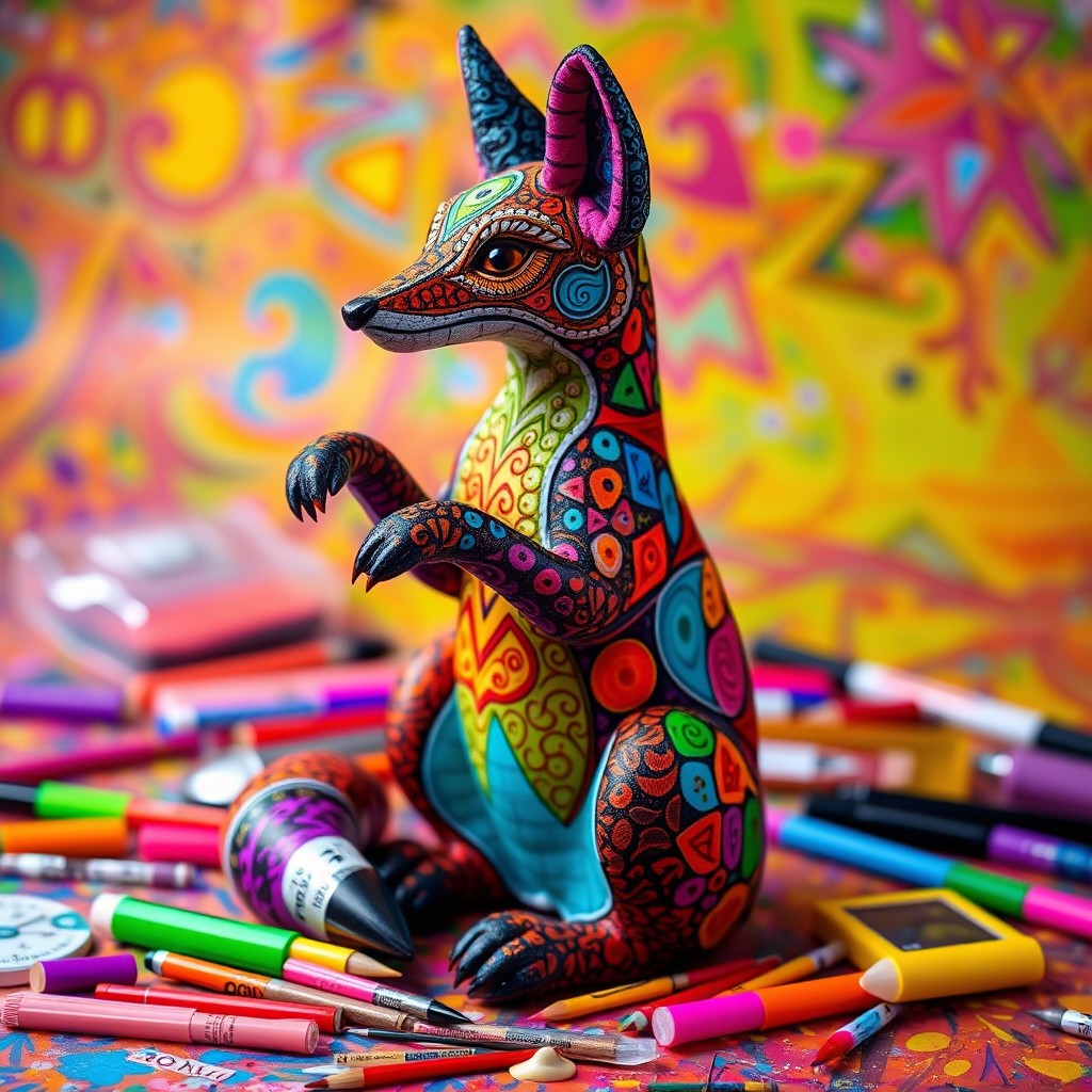 A colorful neon alebrije fox sitting on its hind legs, surrounded by various art supplies scattered on the ground