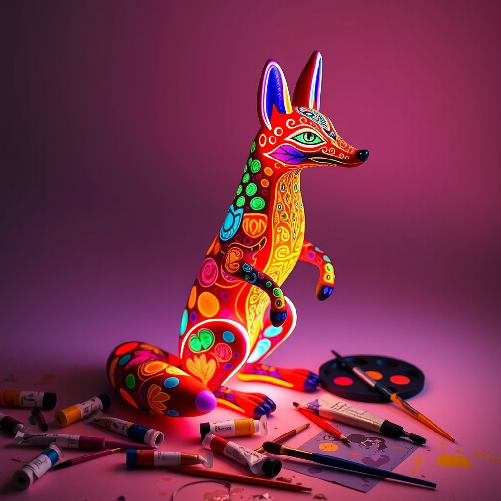 A colorful neon fox alebrije sitting on its hind legs in a vibrant, whimsical style